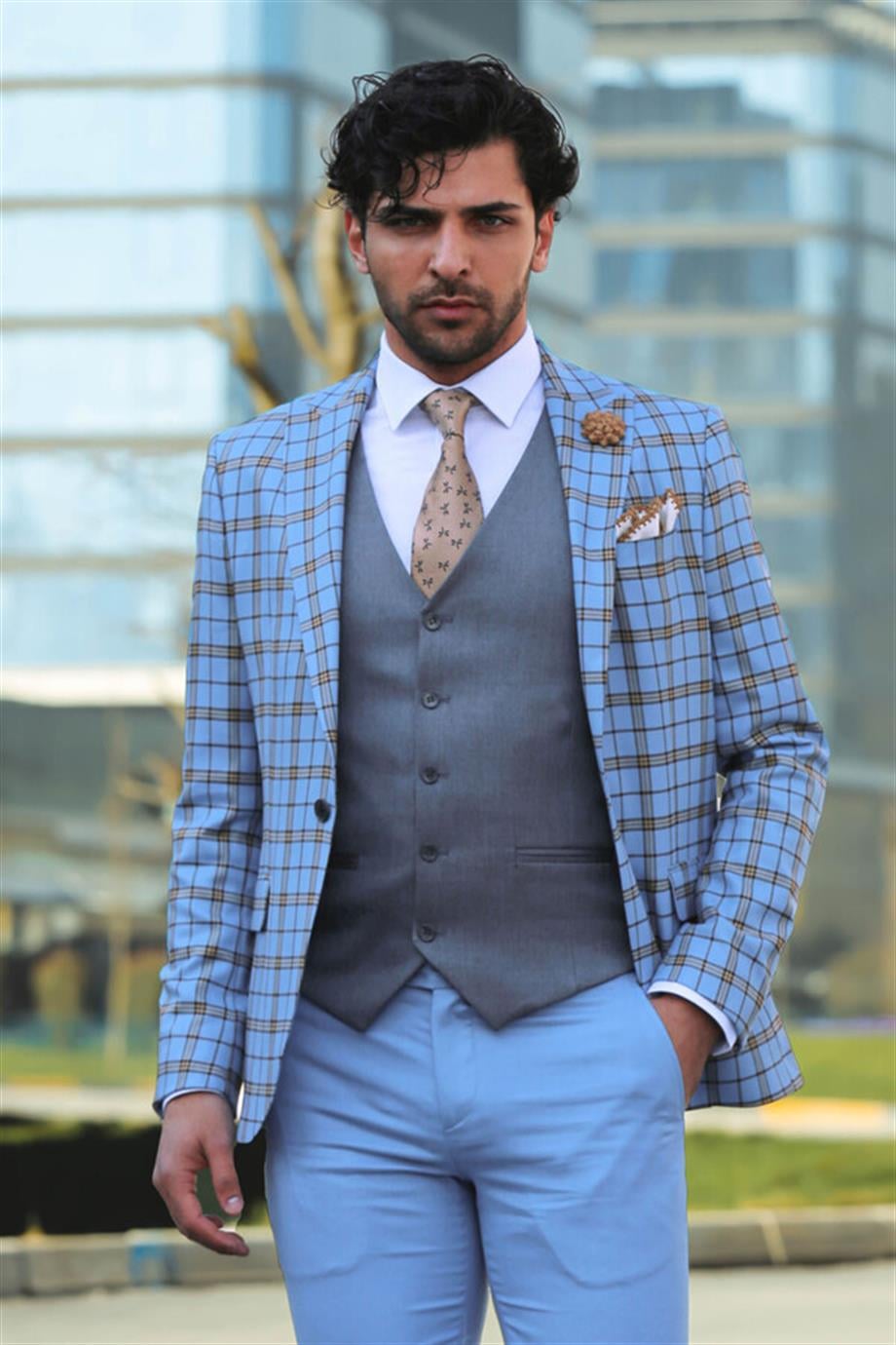 Gri Yelekli Slim Fit Ekose Açık Mavi Erkek Takım Elbise