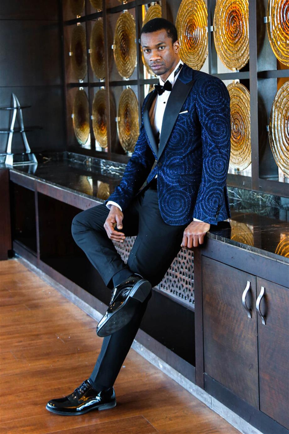 Hipnoz Desen Sivri Yaka Slim Fit Lacivert Erkek Smokin Ceket
