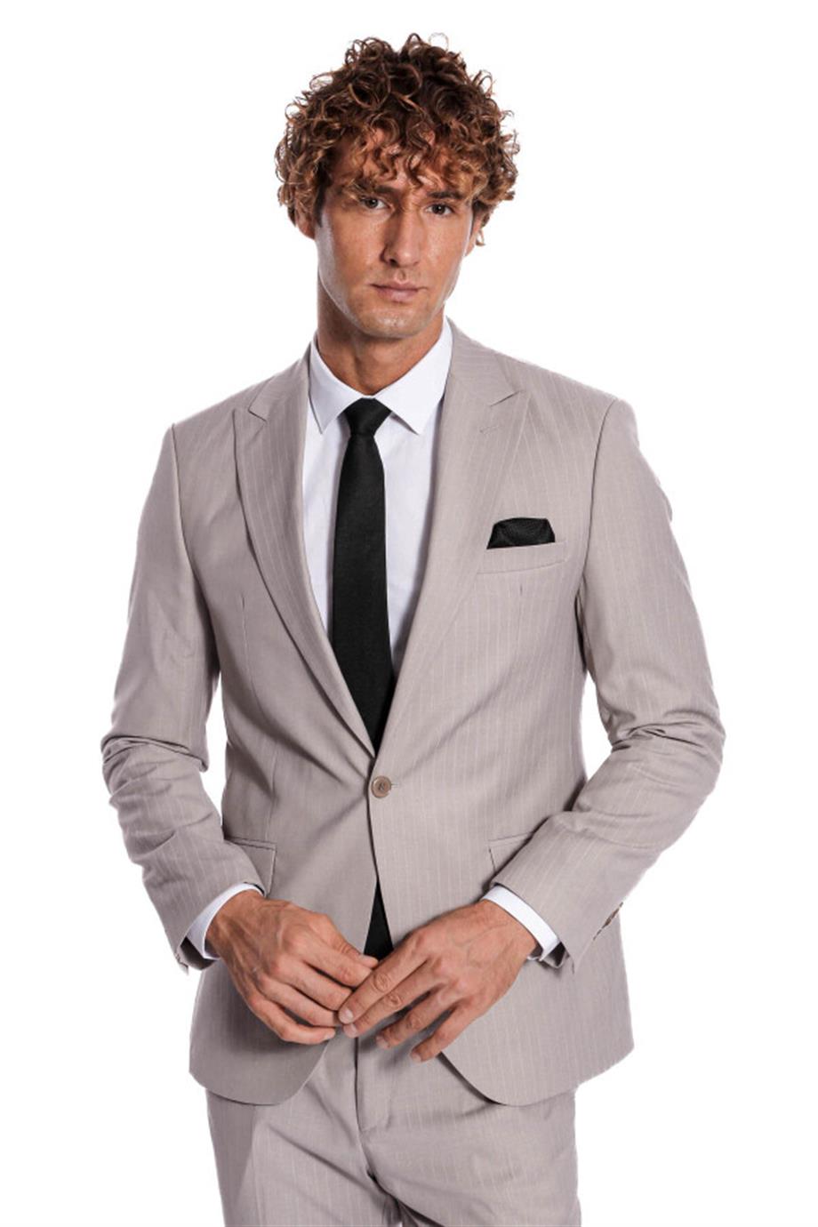 İki Parça Çizgili Slim Fit Gri Erkek Takım Elbise