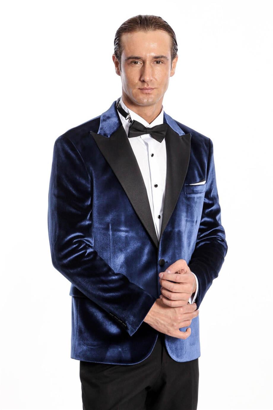 Kadife Slim Fit Mavi Erkek Smokin Ceket