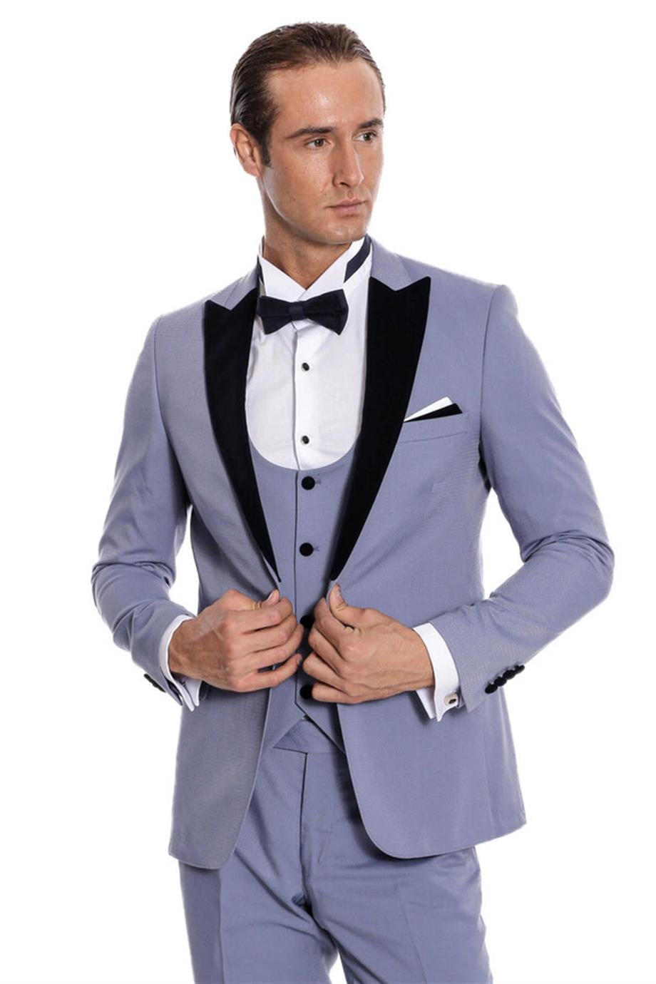 Kadife Yaka Slim Fit Açık Mavi Erkek Damatlık