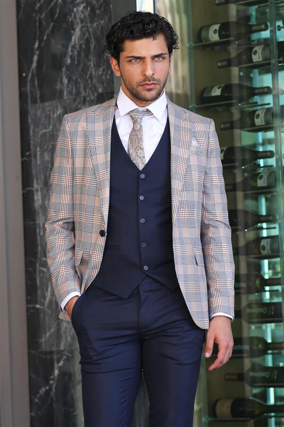 Kahverengi Ekose Ceketli Slim Fit Lacivert Erkek Takım Elbise