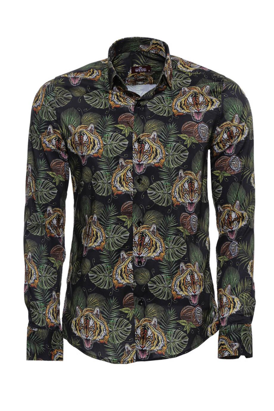 Kaplan Desenli Slim Fit Uzun Kollu Siyah Erkek Gömlek