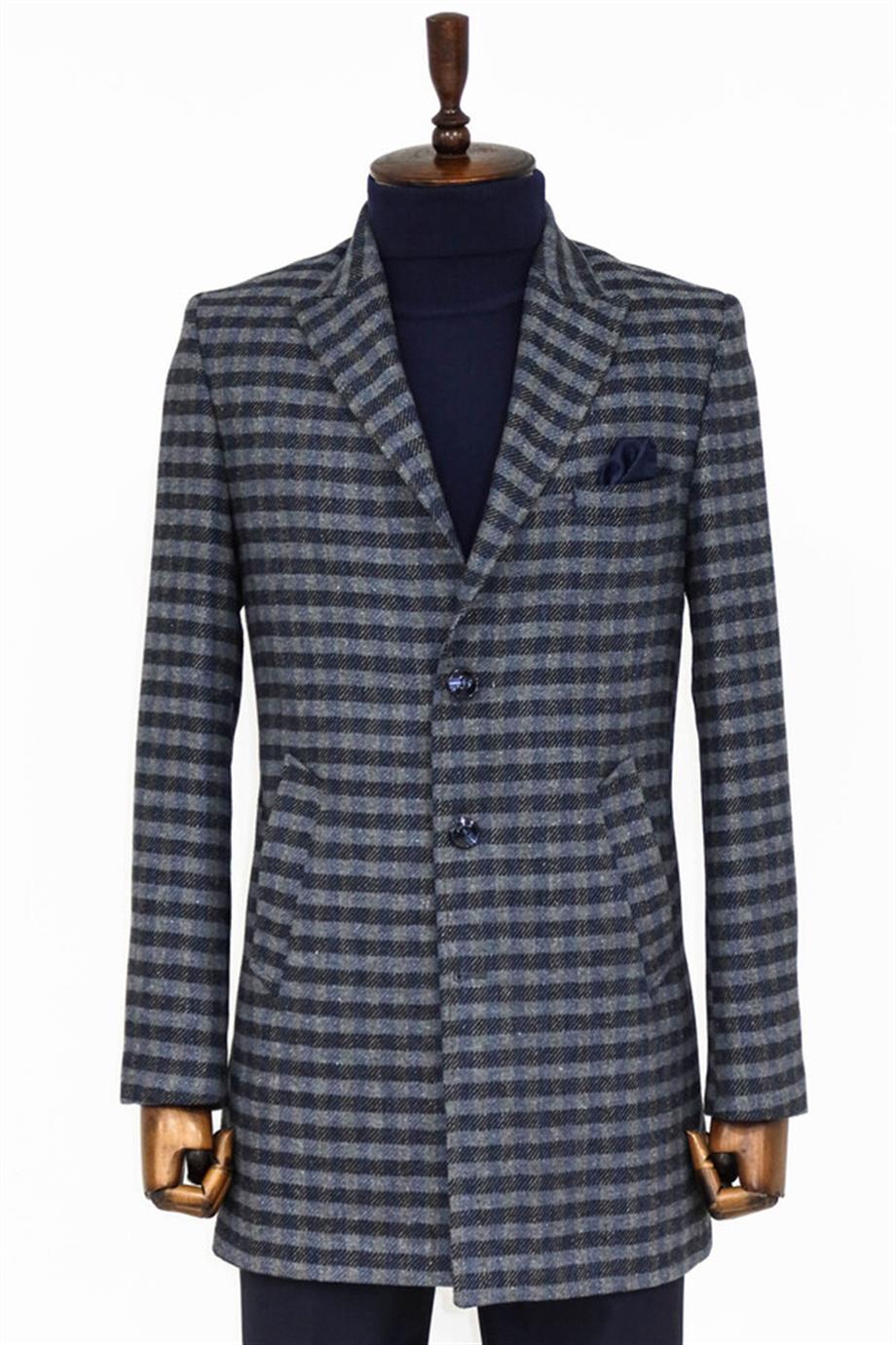 Kaşe Kareli Geniş Yaka Slim Fit Lacivert Erkek Palto
