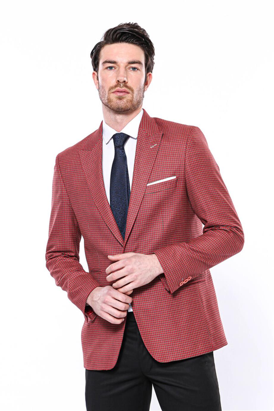 Kendinden Desenli Slim Fit Bordo Ceket | Wessi