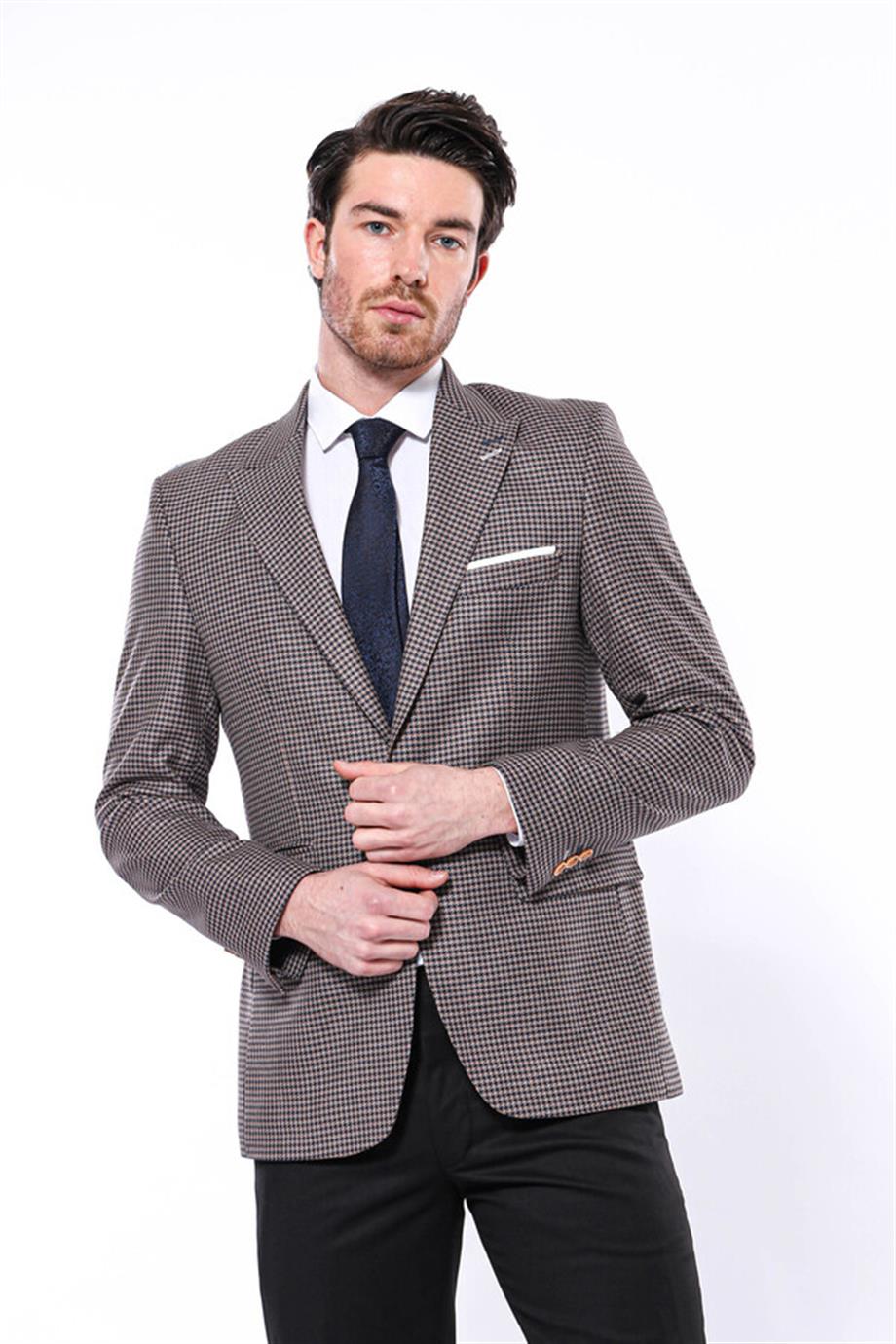 Kendinden Desenli Slim Fit Lacivert Ceket | Wessi