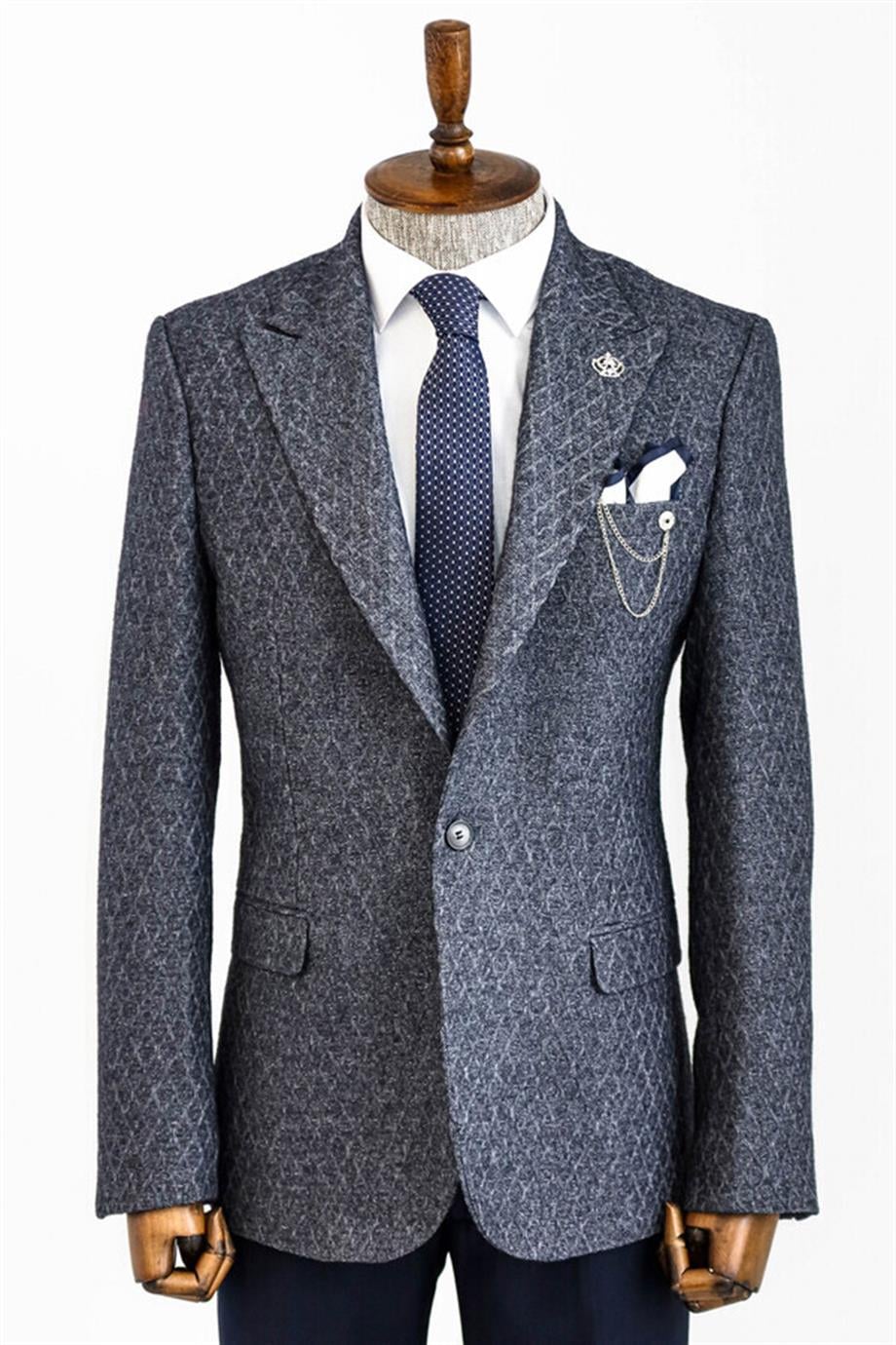 Kendinden Desenli Slim Fit Yün Erkek Lacivert Ceket