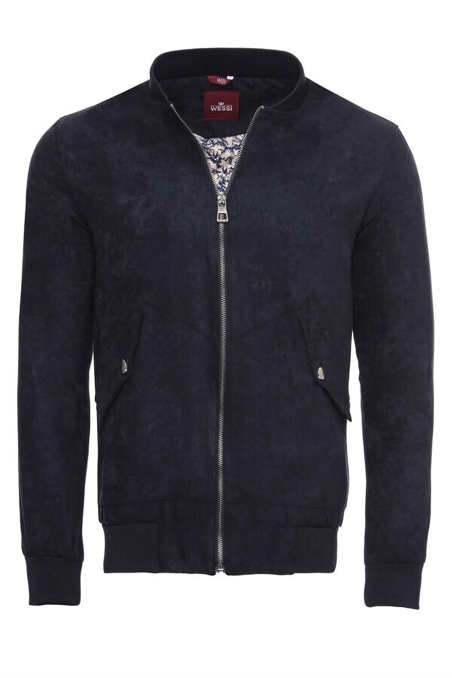 Koyu Lacivert Cepli Süet Bomber Mont