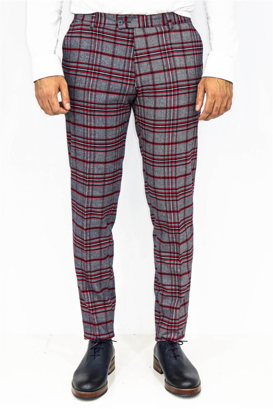 Koyu Mavi Ekose Desenli Slim Fit Pantolon