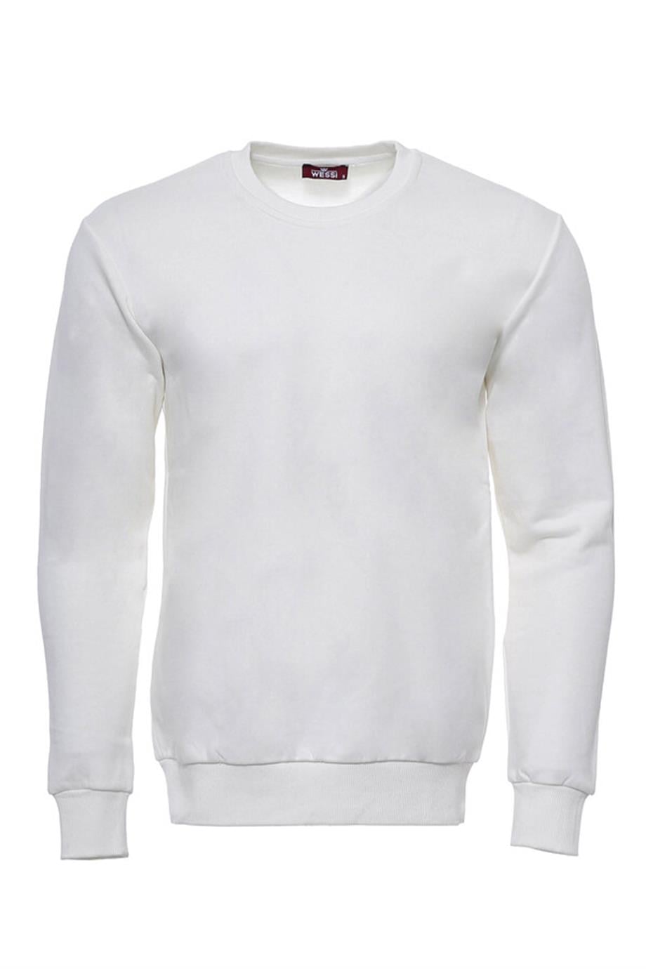 Krem Erkek Bisiklet Yaka Desensiz Sweatshirt