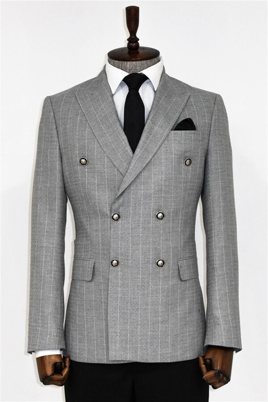 Kruvaze Slim Fit Çizgili Gri Erkek Ceket