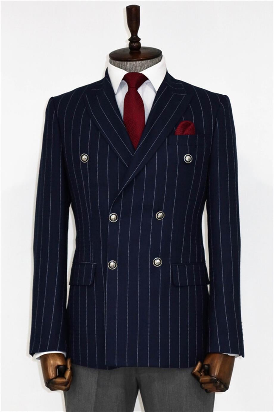 Kruvaze Slim Fit Çizgili Lacivert Erkek Ceket