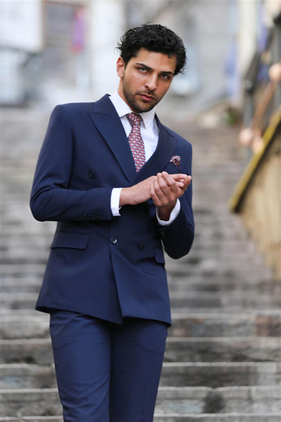 Kruvaze Slim Fit Lacivert Erkek Takım Elbise
