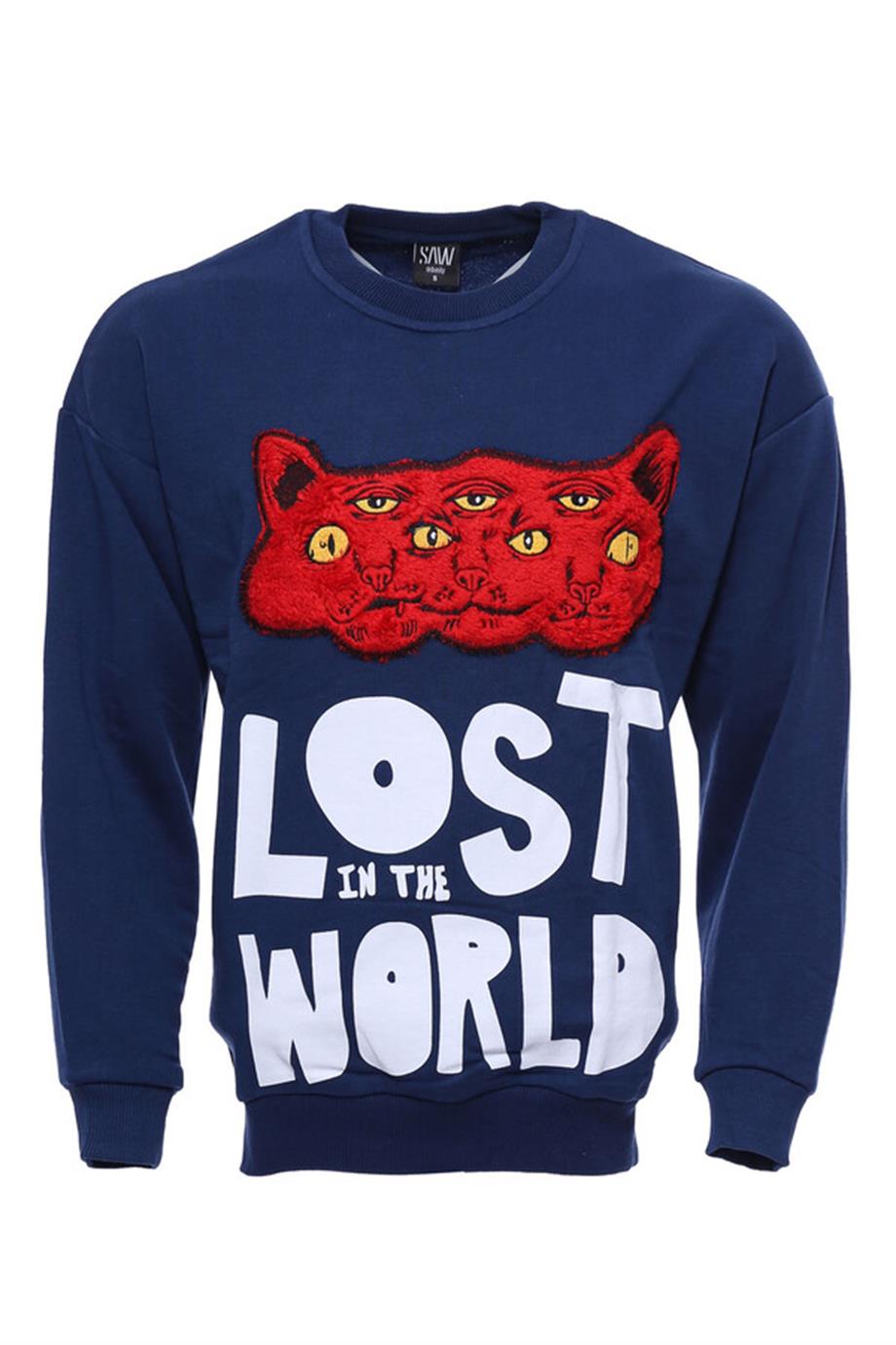 Lacivert Baskılı Desenli Bisiklet Yaka Sweatshirt