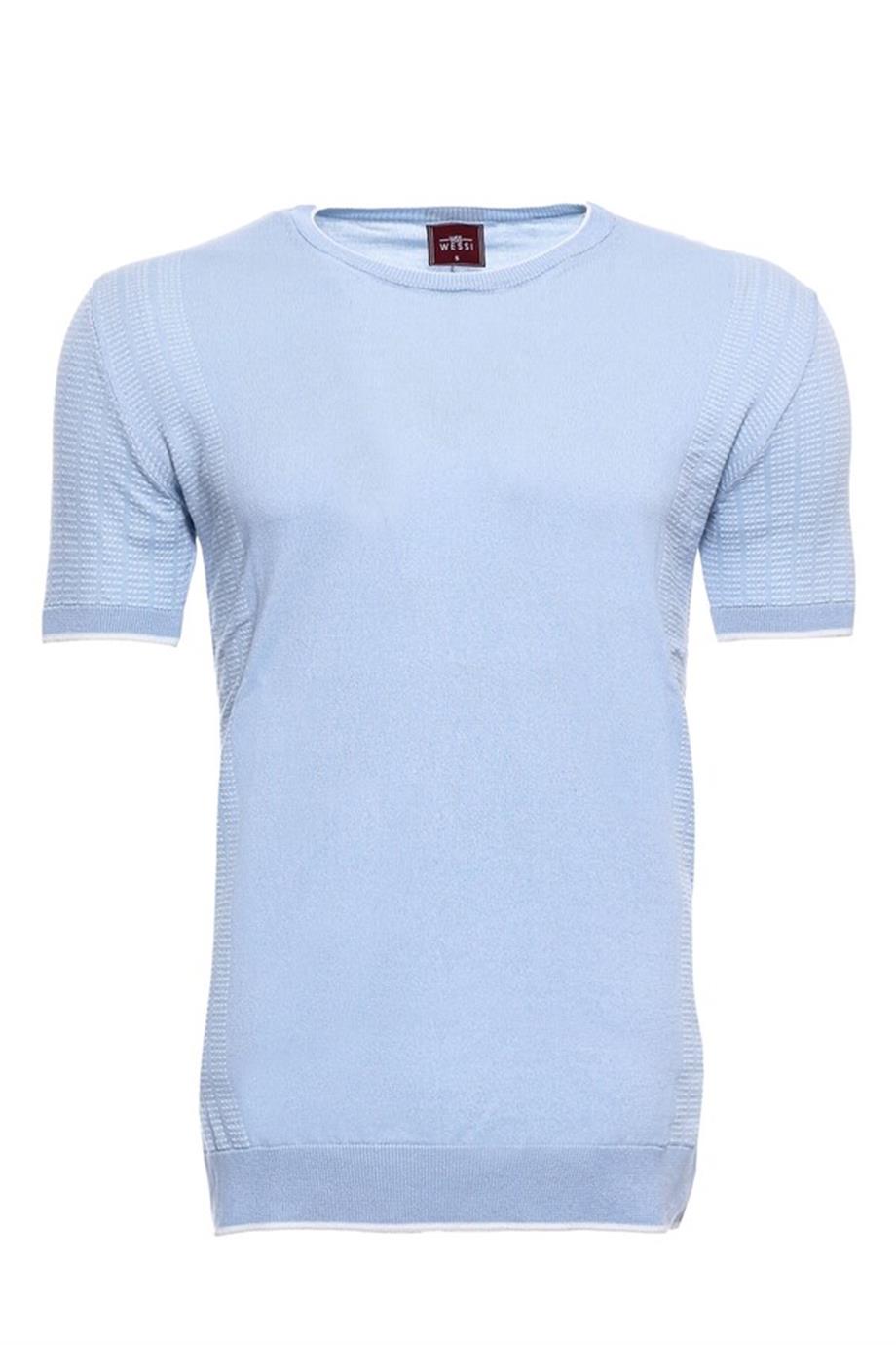Mavi Bisiklet Yaka Kenarları Desenli Örme T-shirt