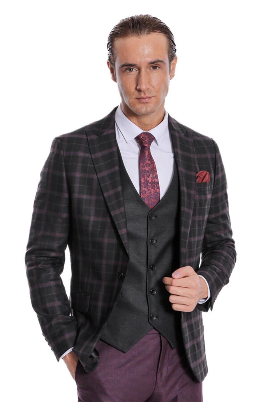Mor Yelekli Slim Fit Ekose Siyah Erkek Takım Elbise