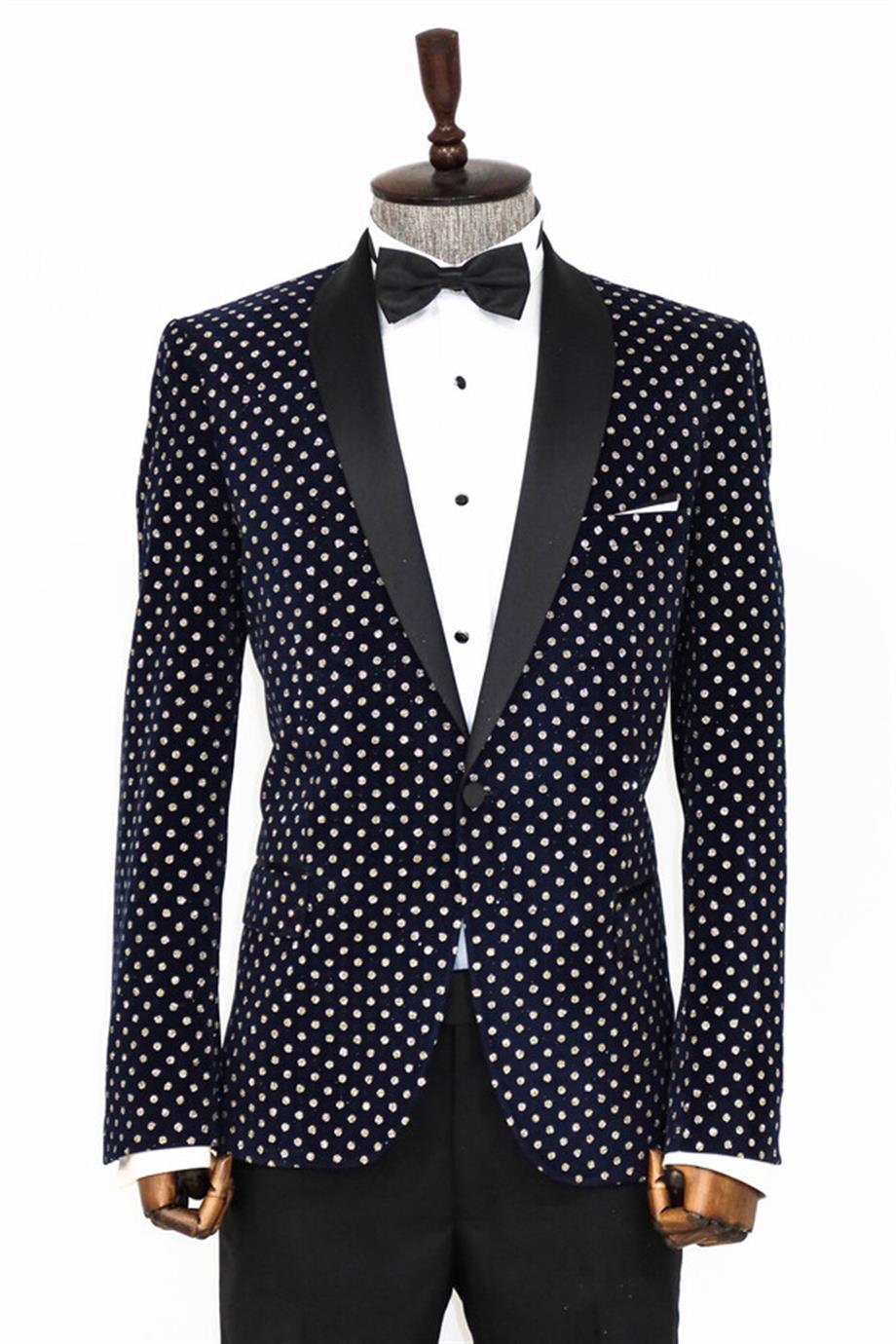 Nokta Desenli Slim Fit Lacivert Erkek Smokin Ceket