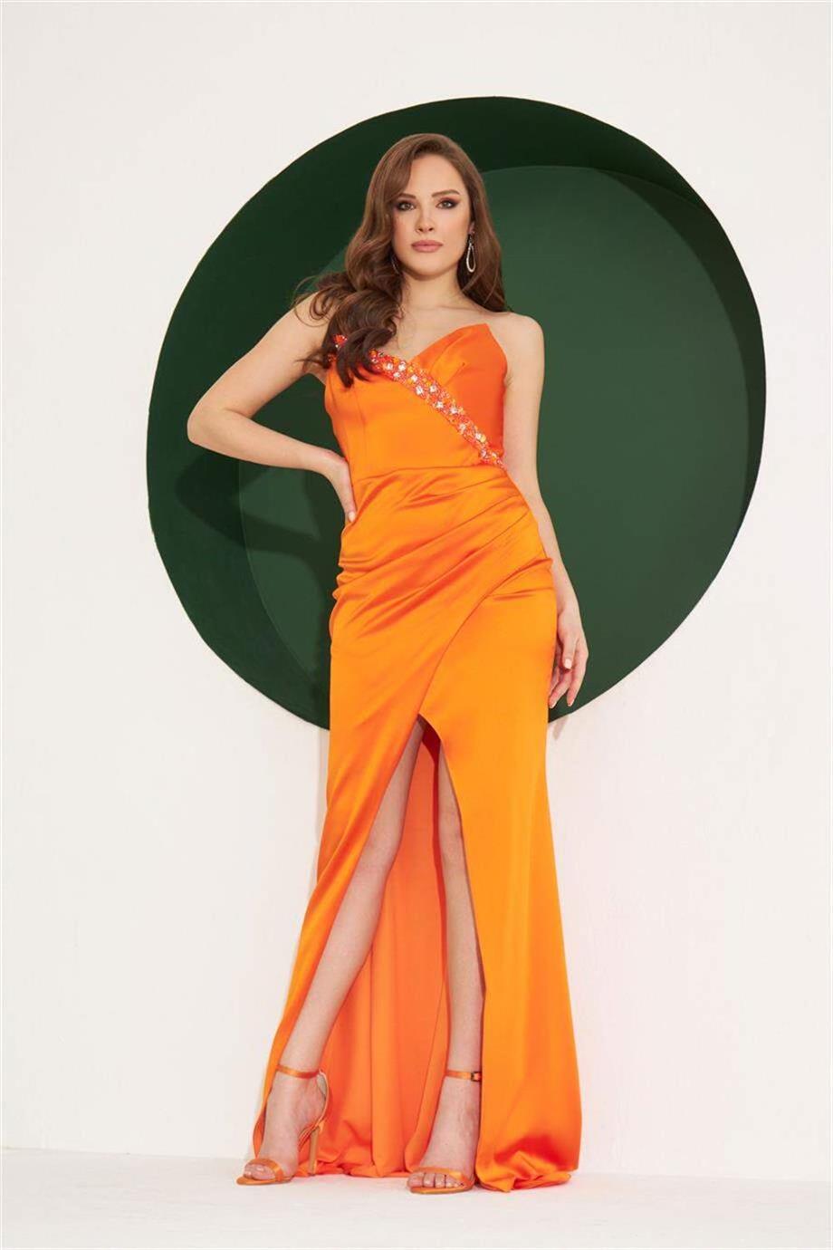 Orange Saten Straplez İşlemeli Uzun Abiye Elbise