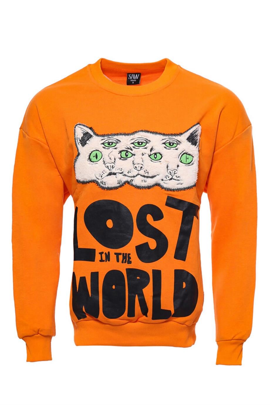 Oranj Baskılı Desenli Bisiklet Yaka Sweatshirt