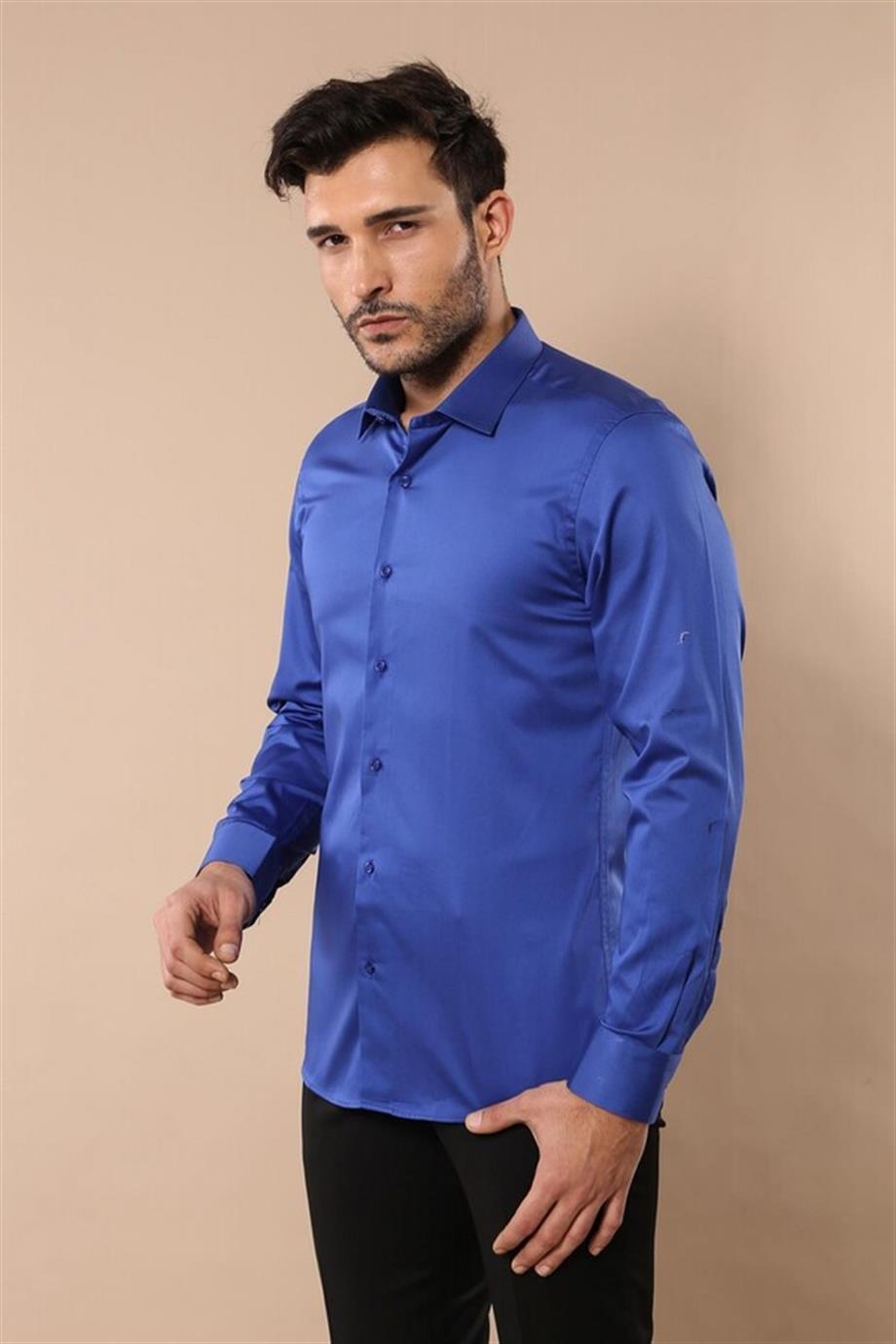 Pamuk Saten Slim Fit Desensiz Mavi Erkek Gömlek