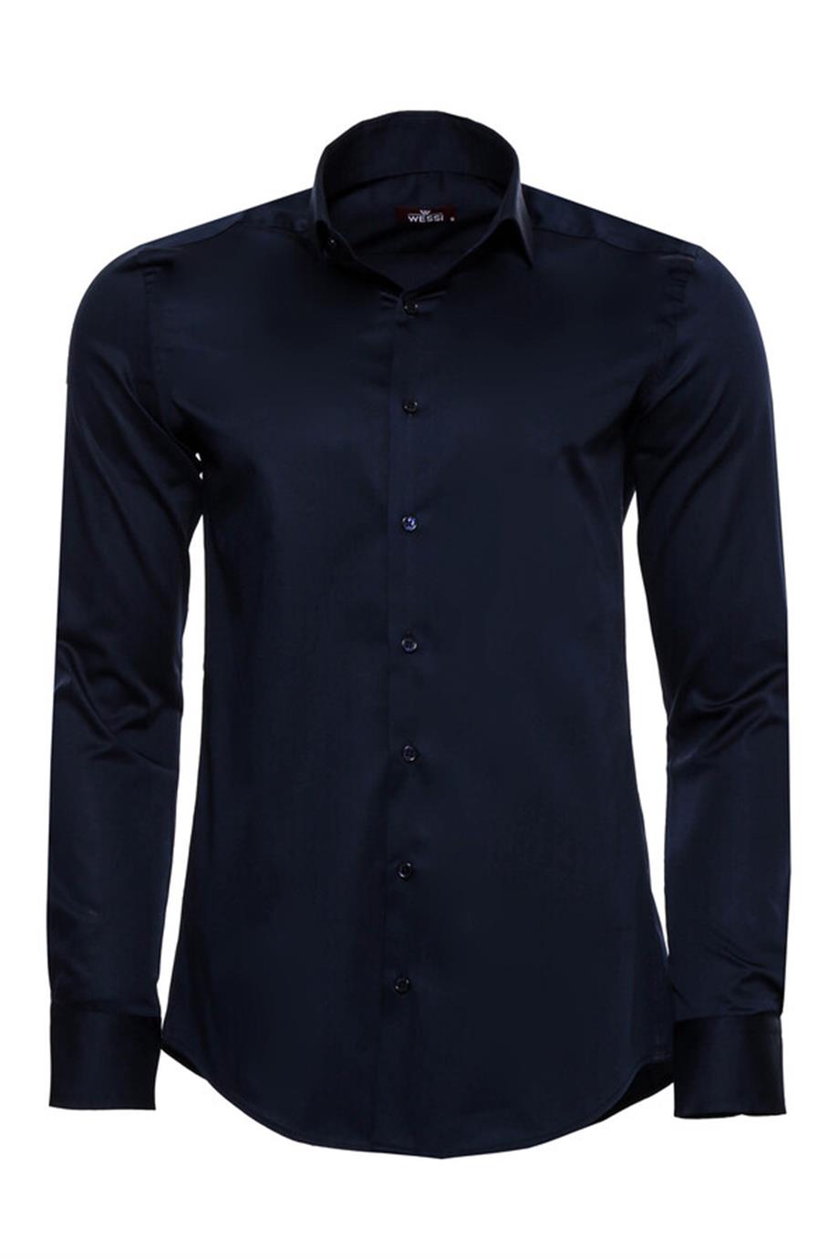 Pamuk Saten Slim Fit Uzun Kollu Düz Lacivert Erkek Gömlek