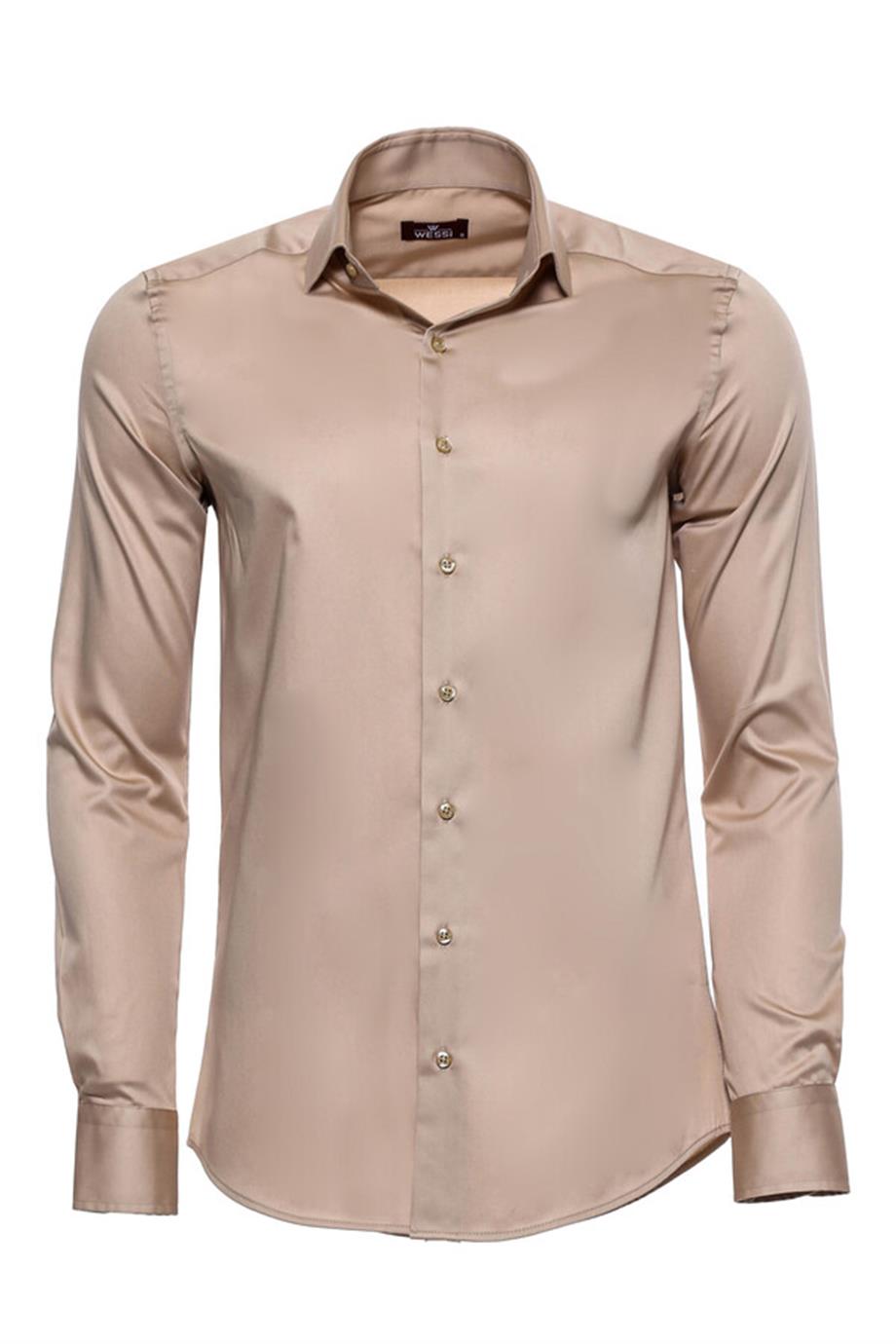 Pamuk Saten Uzun Kollu Düz Slim Fit Bej Erkek Gömlek