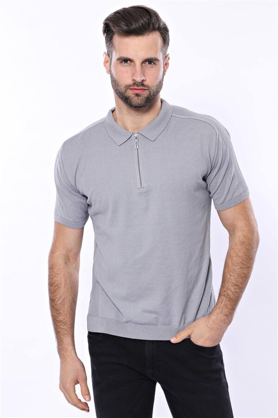 Polo Yaka Düz Gri Örme T-shirt | Wessi