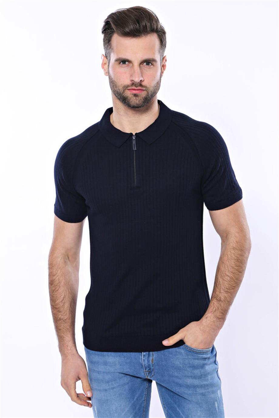 Polo Yaka Fermuarlı Lacivert Örme T-shirt | Wessi