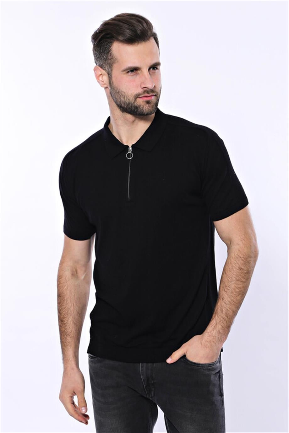 Polo Yaka Siyah Düz Örme T-shirt | Wessi