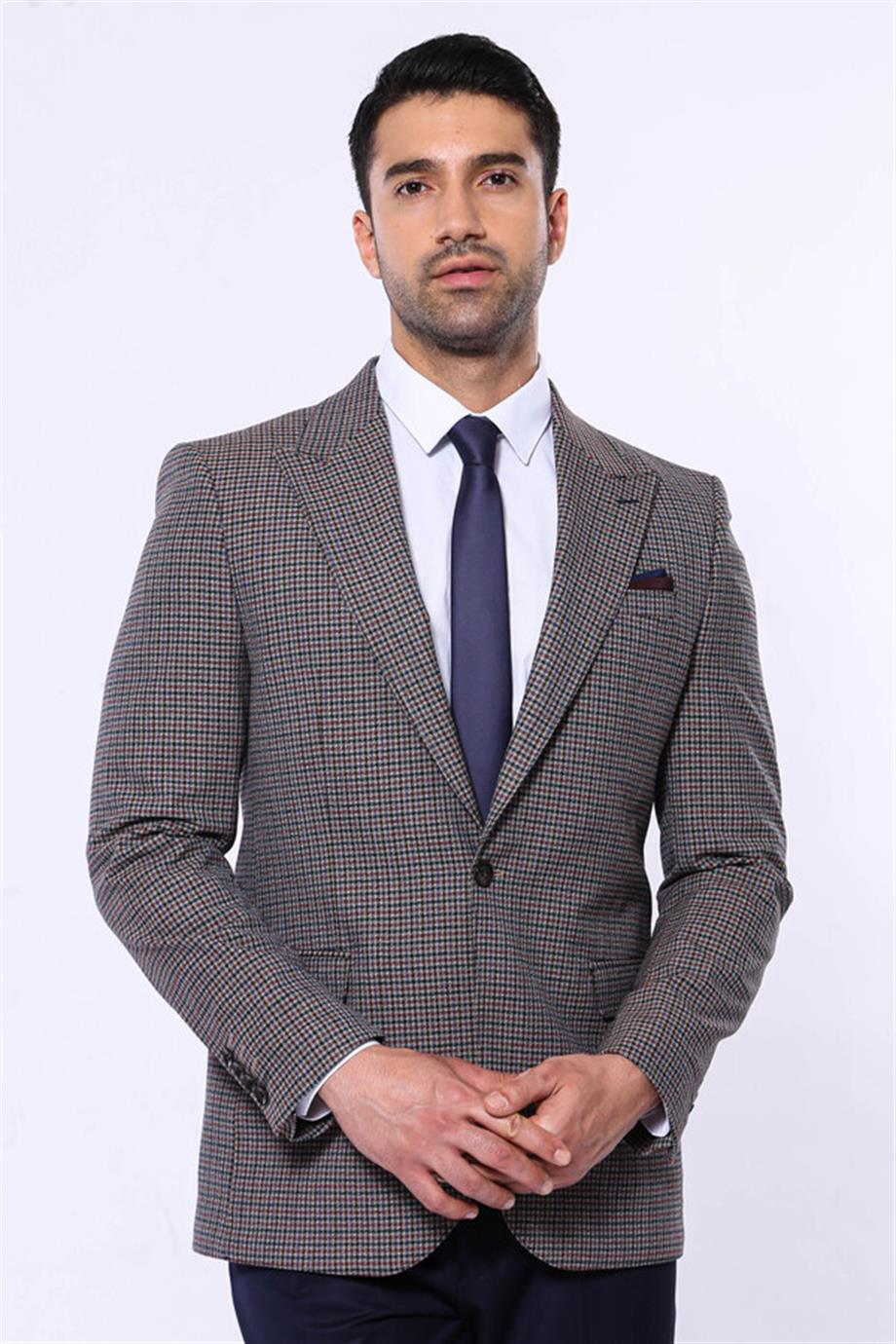 Pöti Kare Slim Fit Kahverengi Erkek Ceket
