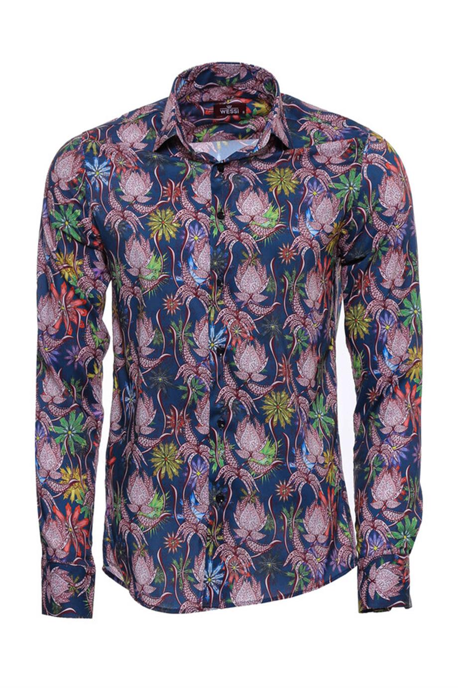 Renkli Çiçek Desenli Slim Fit Uzun Kollu Lacivert Erkek Gömlek