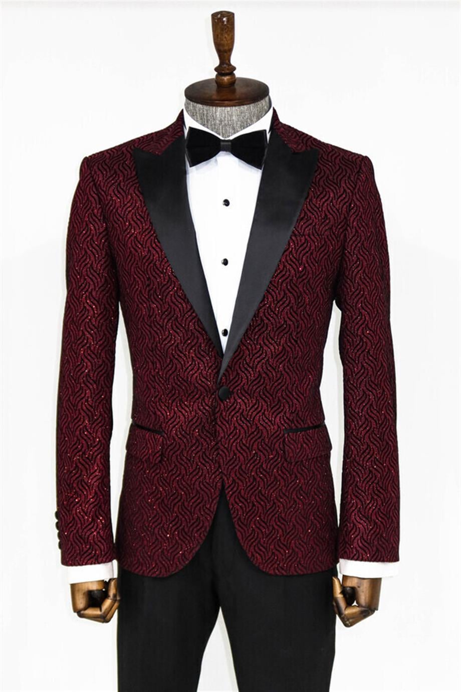 Simli Desenli Bordo Erkek Smokin Ceket