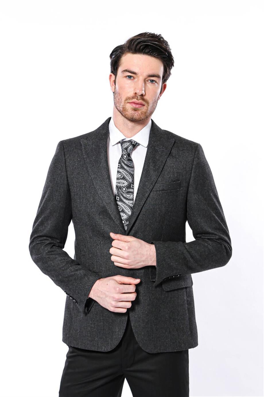 Sivri Yaka Tek Düğme Füme Slim Fit Ceket | Wessi