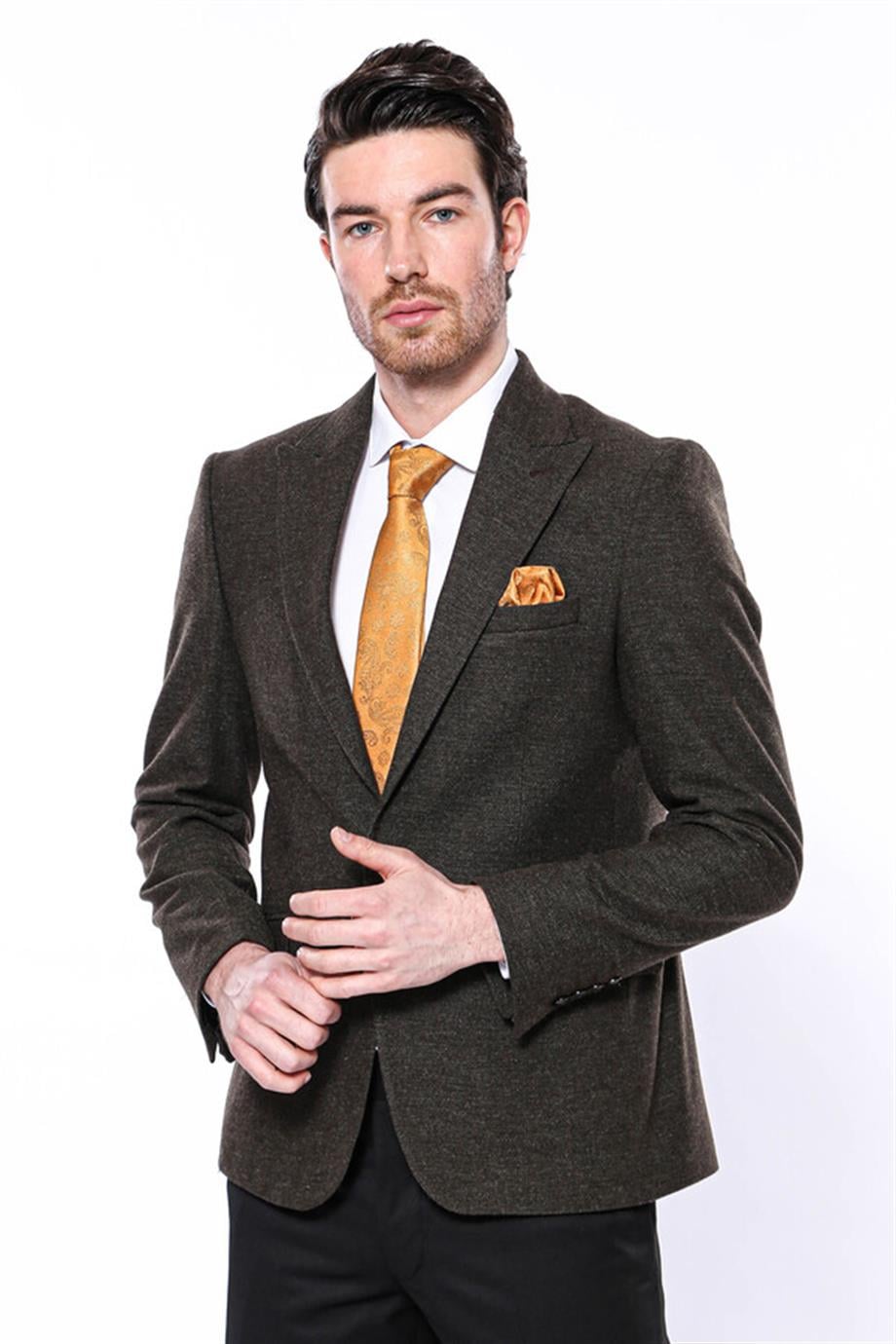 Sivri Yaka Tek Düğme Haki Slim Fit Ceket | Wessi