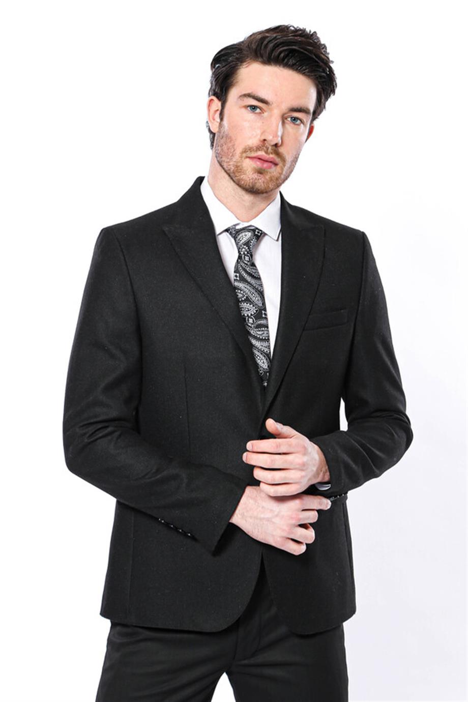 Sivri Yaka Tek Düğme Siyah Slim Fit Ceket | Wessi