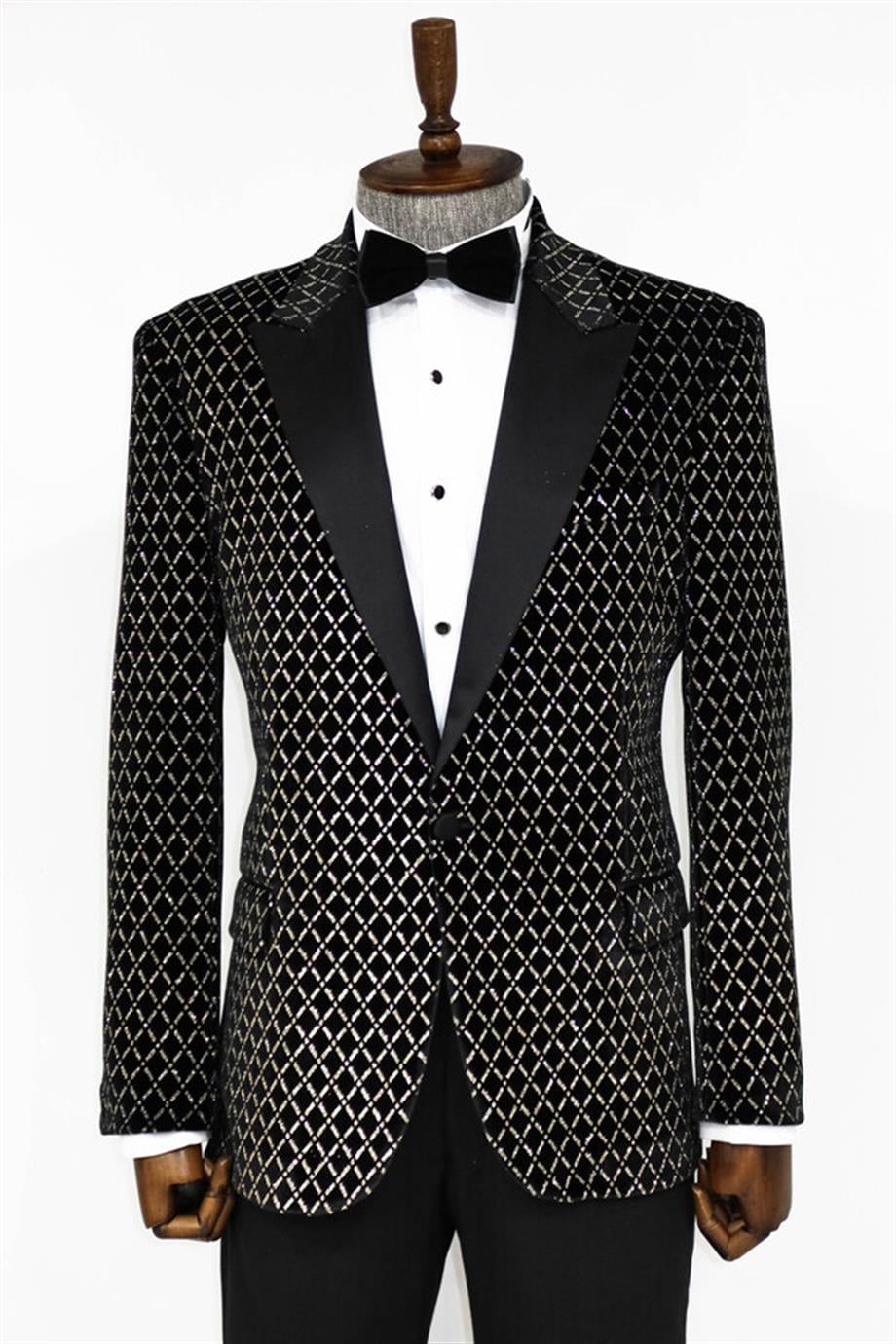 Siyah Slim Fit Desenli Smokin Ceketi