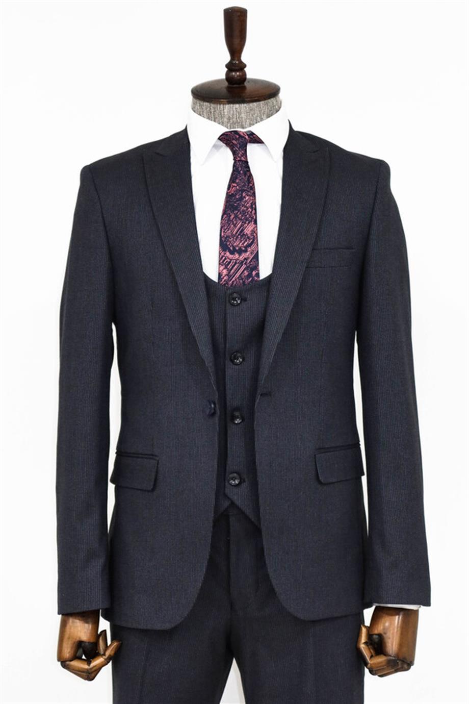 Slim Fit Desenli Lacivert Erkek Takım Elbise