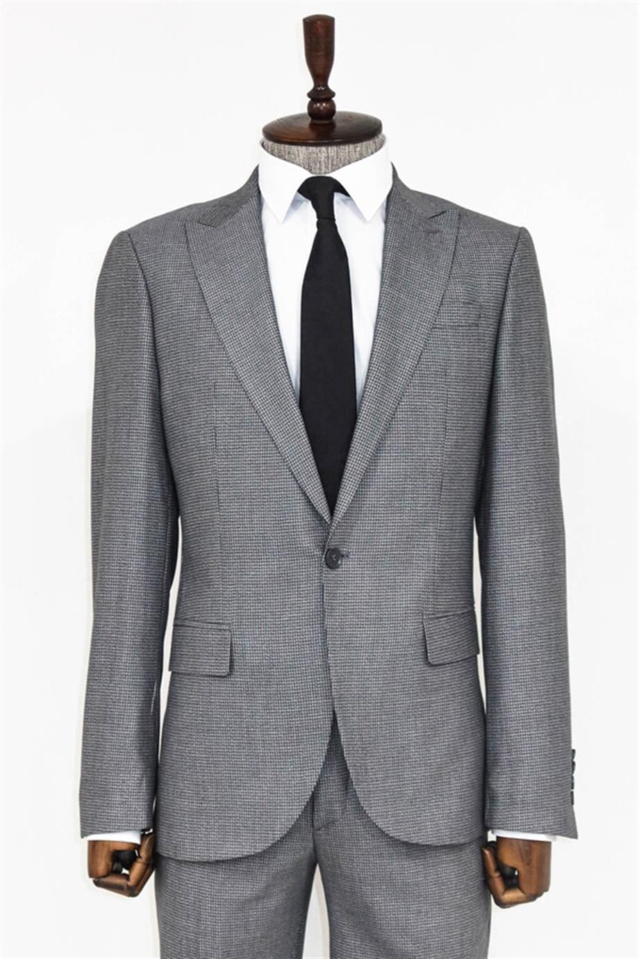 Slim Fit Kazayağı Desenli Gri Erkek Takım Elbise