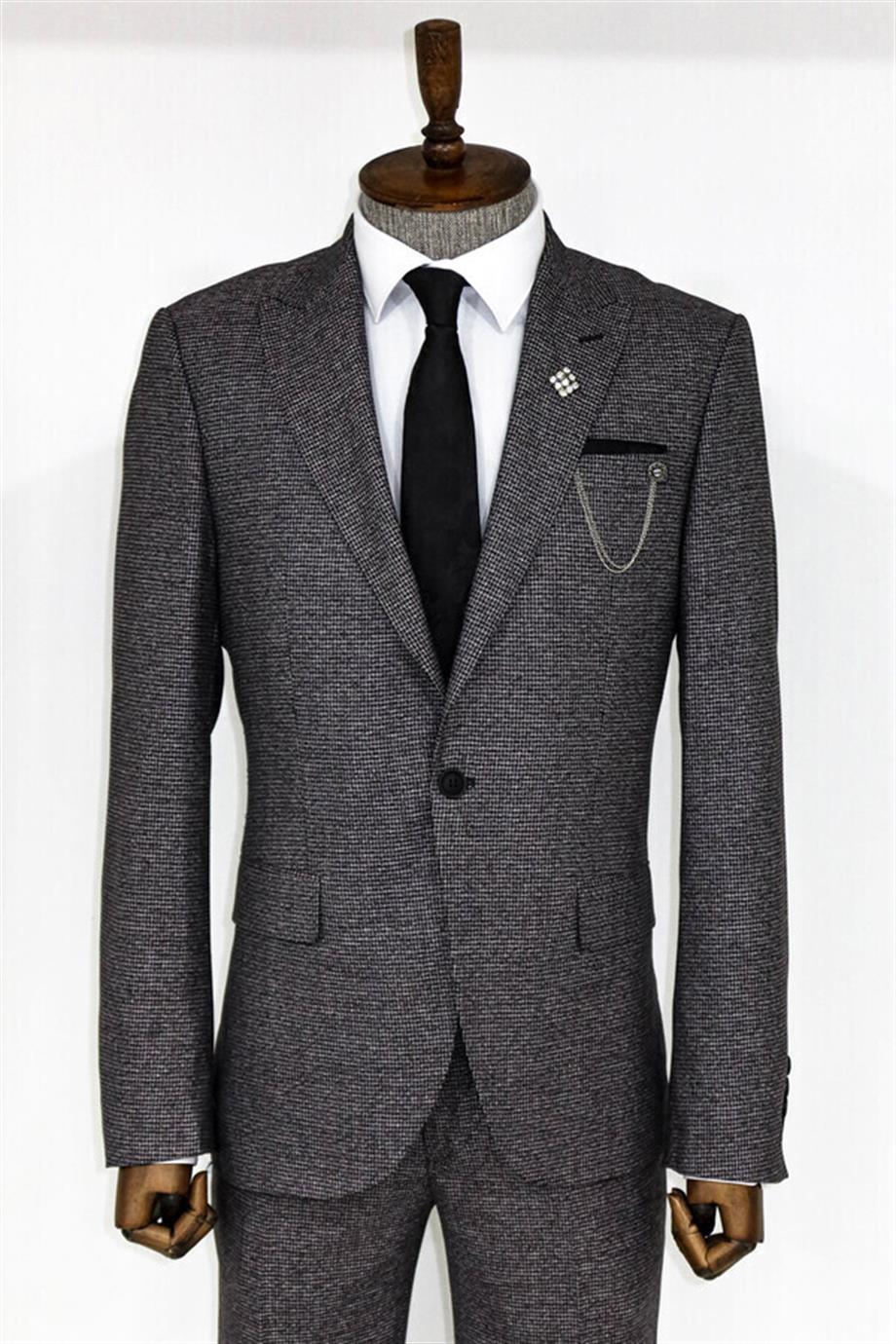 Slim Fit Kazayağı Desenli Siyah Erkek Takım Elbise