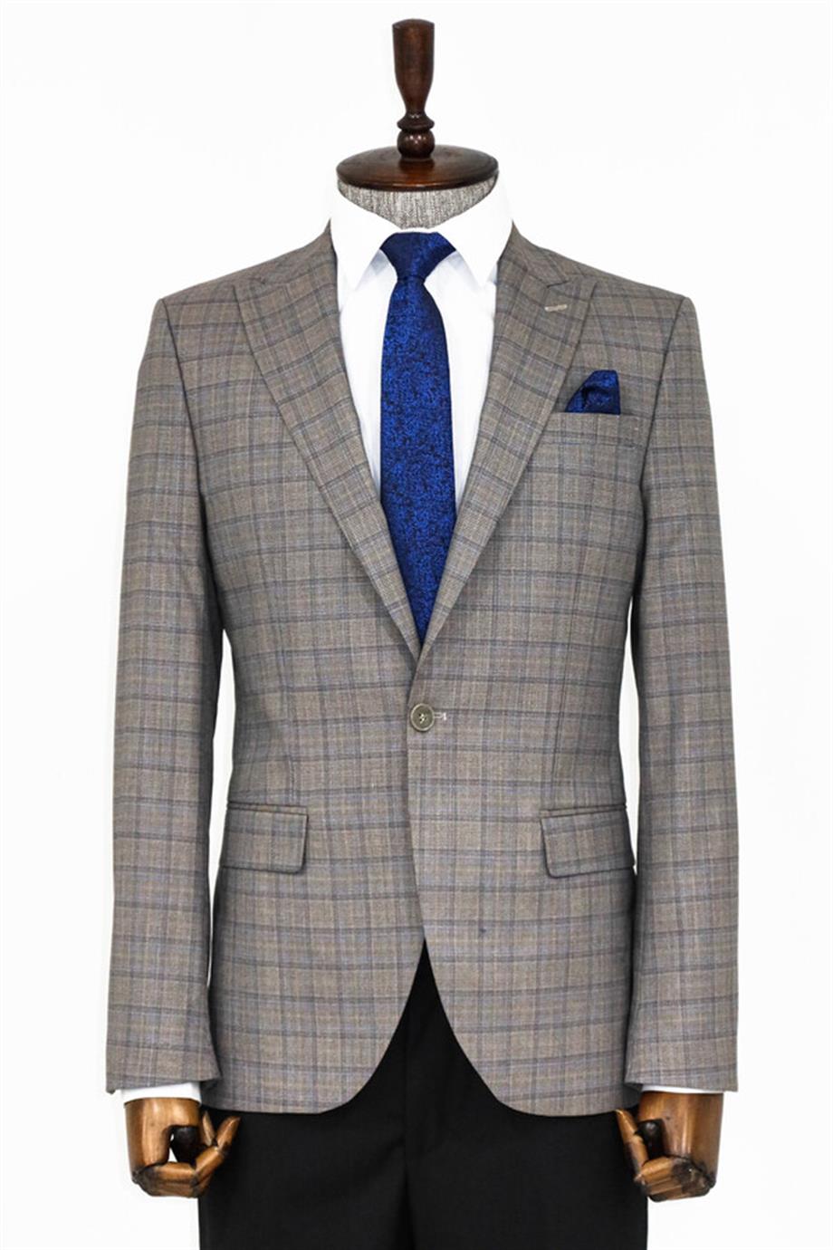 Slim Fit Sivri Yaka Ekose Gri Erkek Ceket