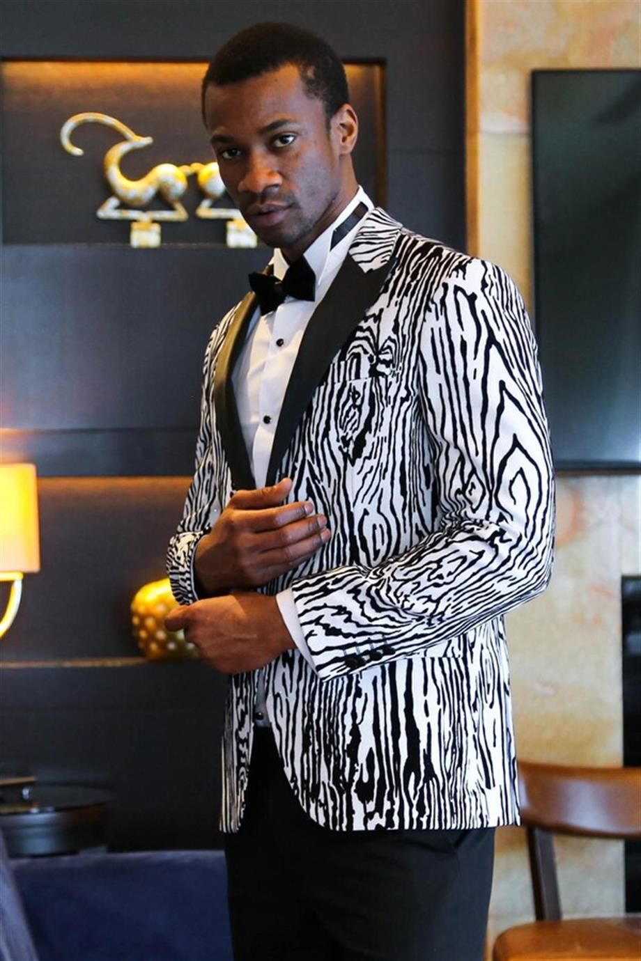 Slim Fit Zebra Desen Beyaz Erkek Smokin Ceket