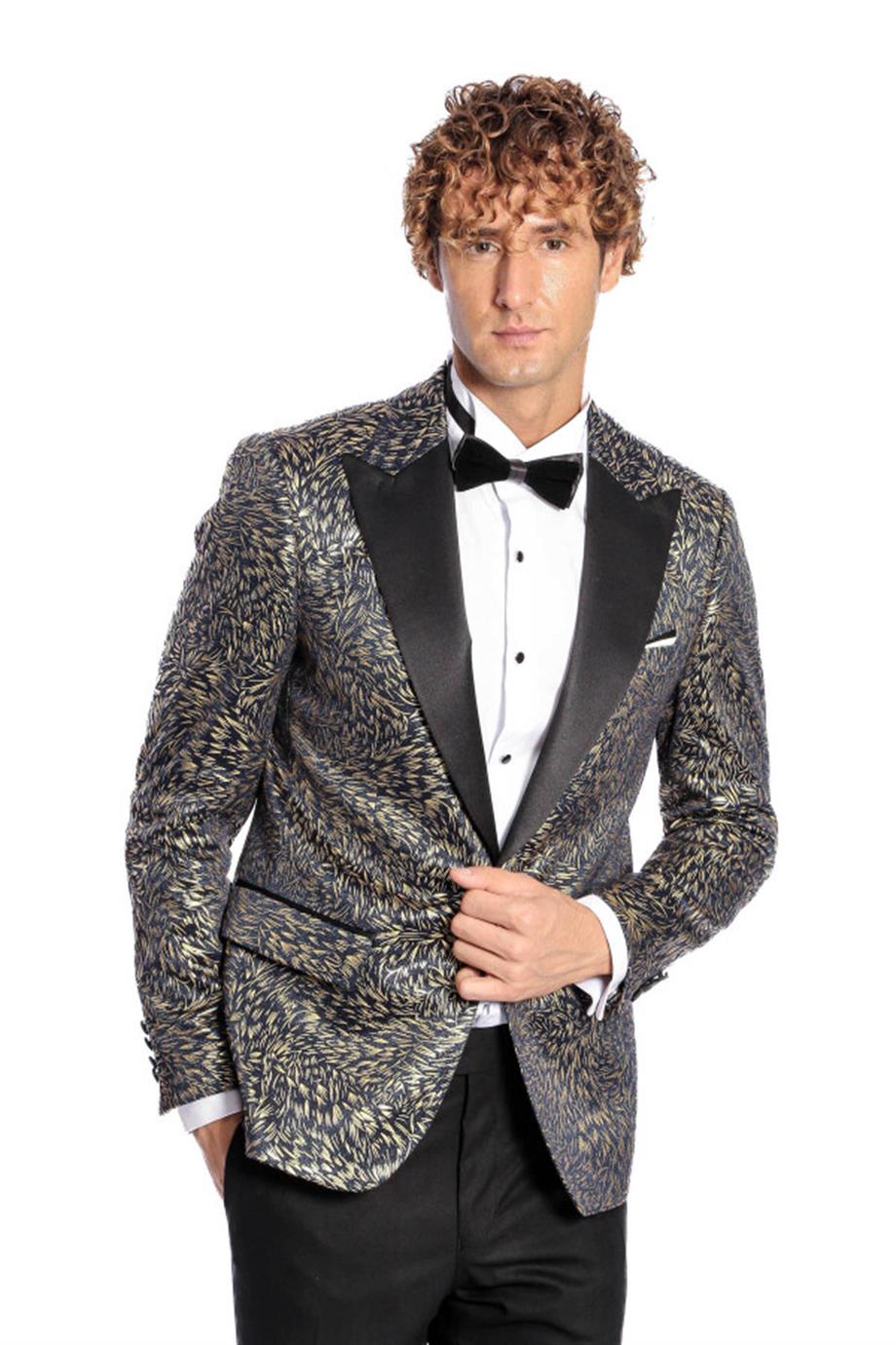 Tüy Desenli Slim Fit Lacivert Erkek Smokin Ceket