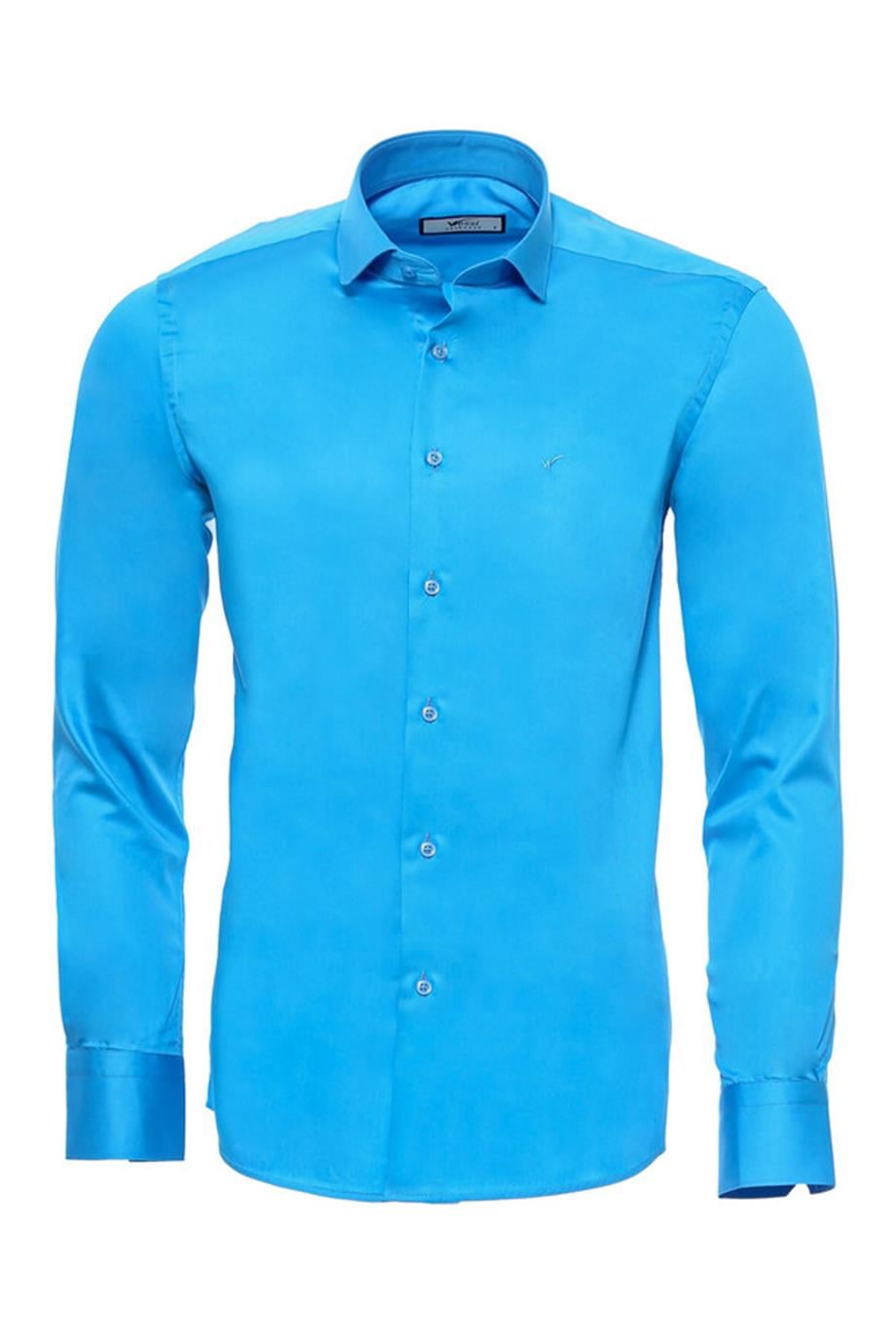 Uzun Kollu Pamuk Saten Slim Fit Turkuaz Erkek Gömlek