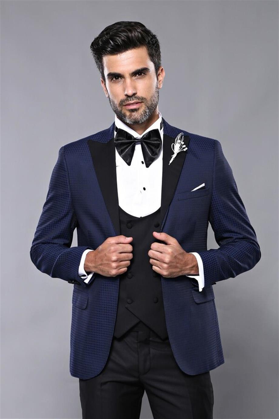 Wessi Erkek Ceket Desenli Lacivert Damatlık Slim Fit Takım Elbise