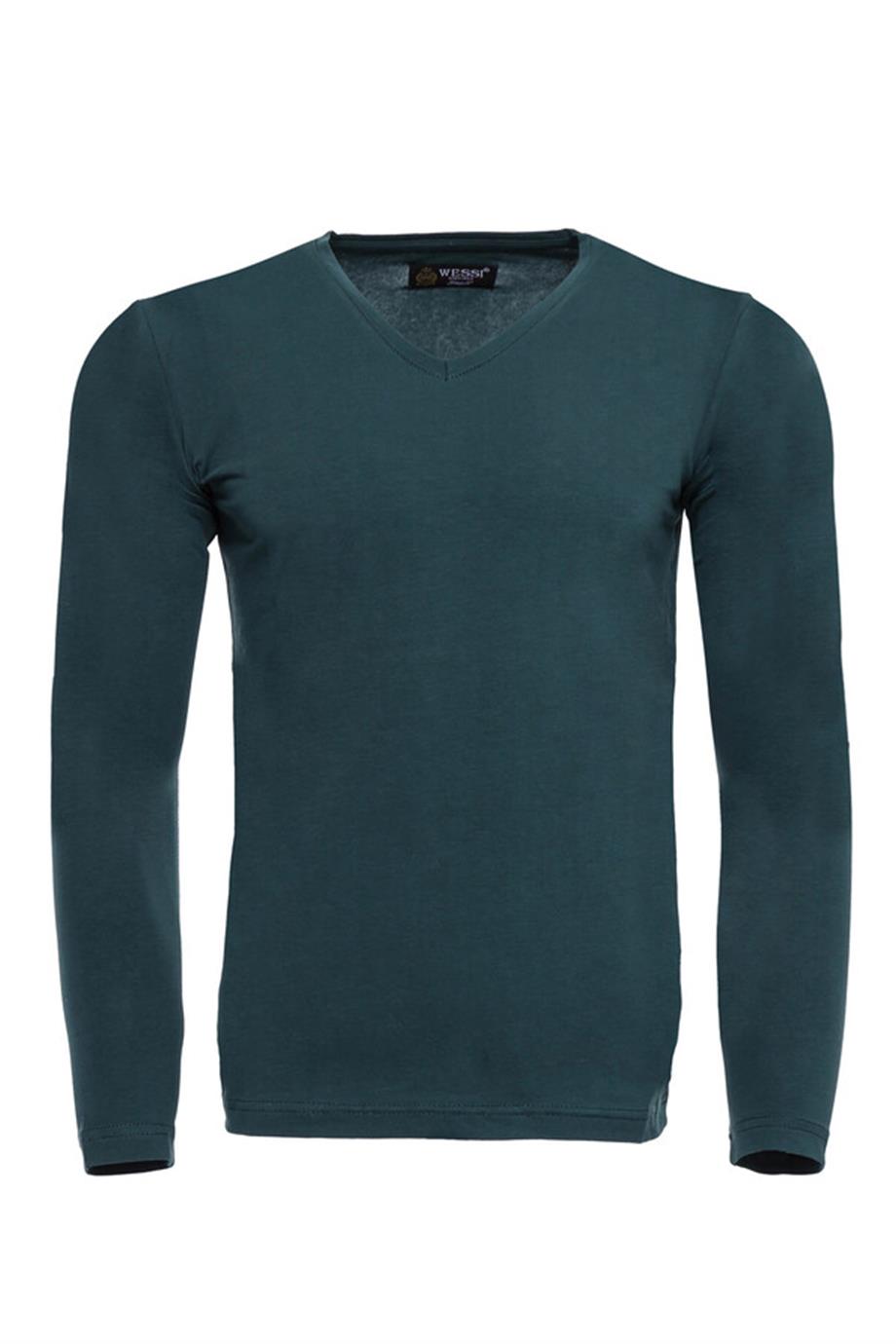 Yeşil V Yaka Baskısız Düz Sweatshirt