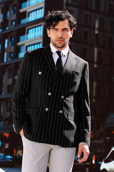 Kruvaze Slim Fit Çizgili Siyah Erkek Ceket