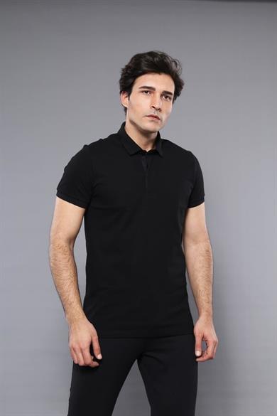 Polo Yaka Düz Siyah T-shirt | Wessi