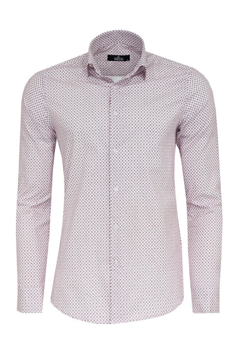 Açık Bordo Mini Kare Desenli Slim Fit Gömlek