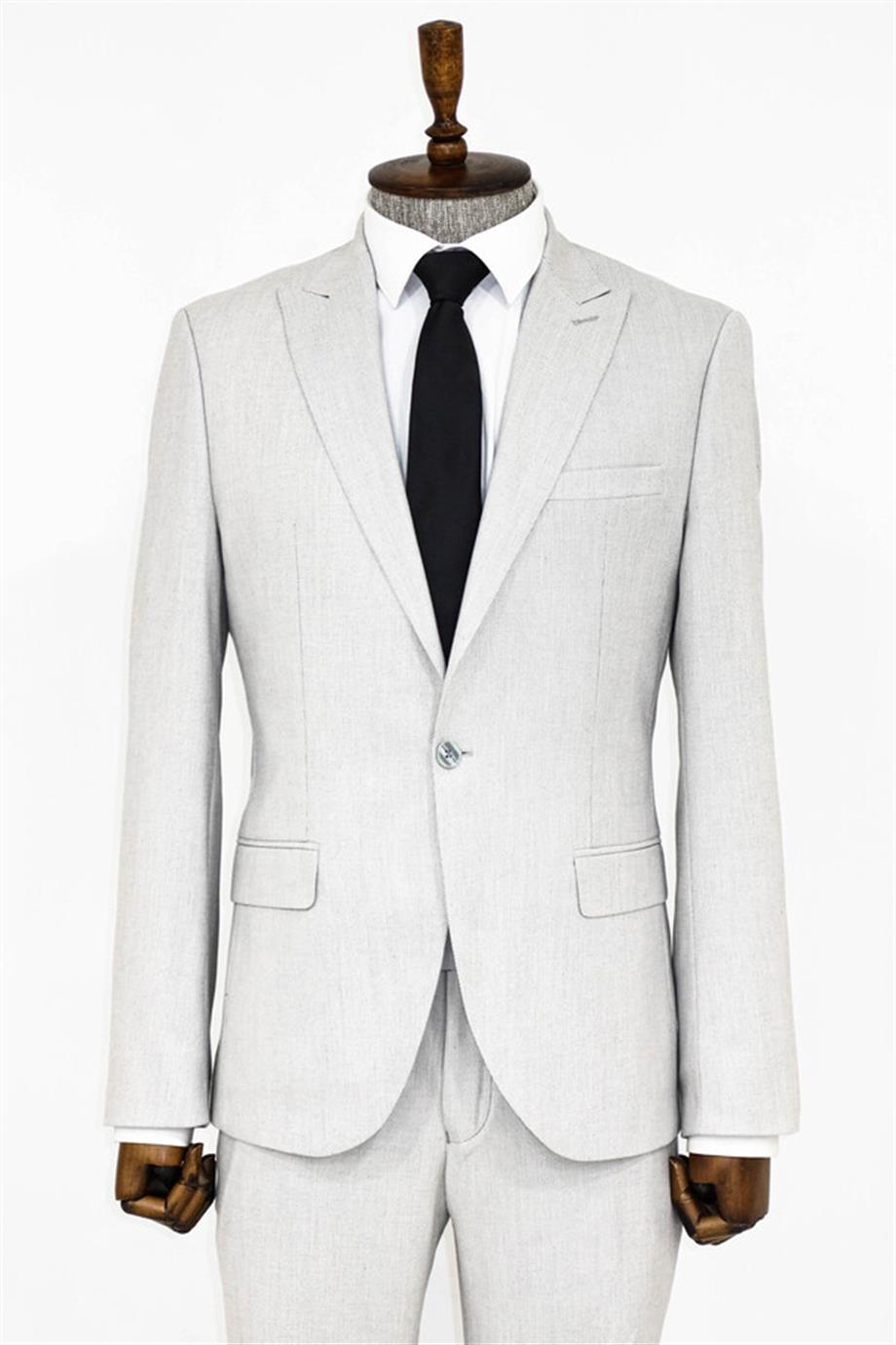 Açık Gri Desensiz İki Parça Slim Fit Takım Elbise
