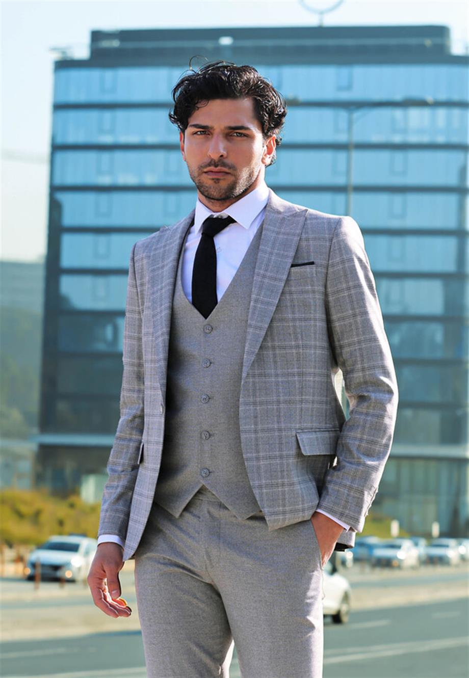 Açık Gri Ekose Ceketli Slim Fit Takım Elbise